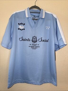 NWT Saints Studio Men's Light Blue Graphic Polo Shirt Size M